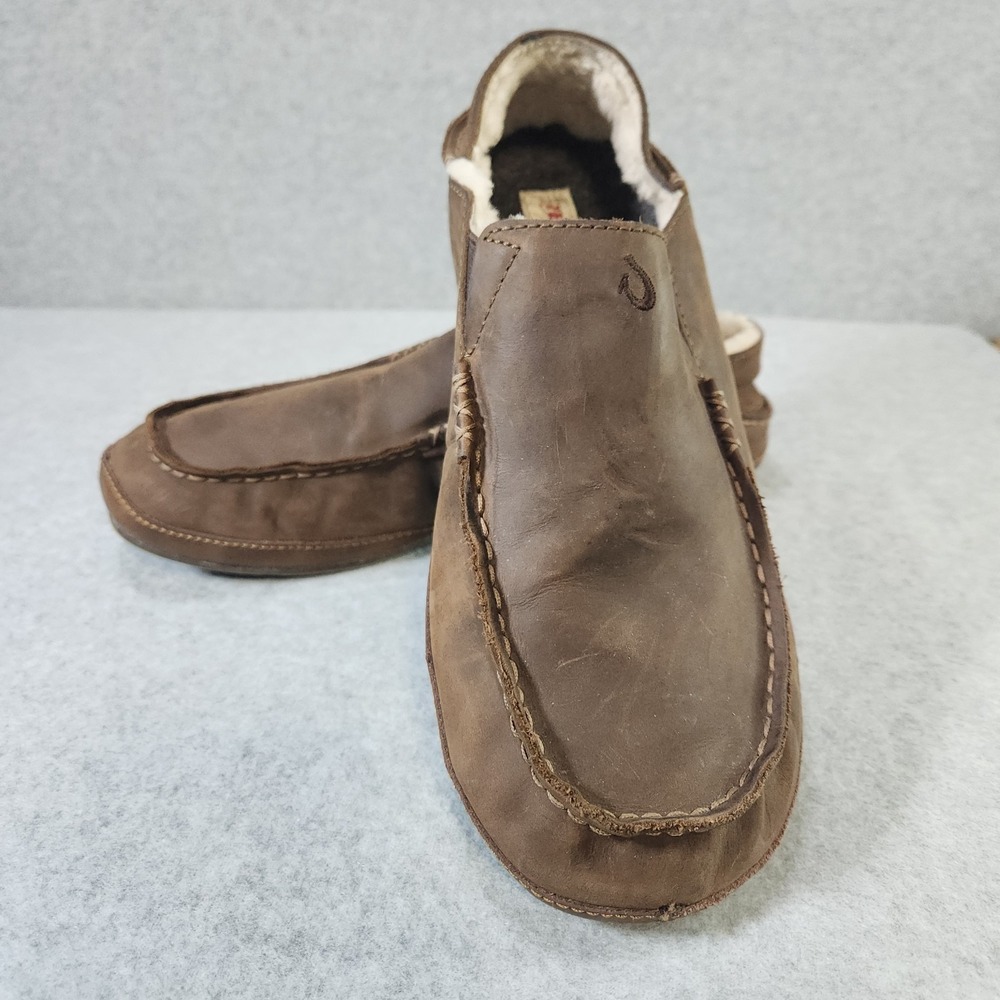 OluKai Moloa Slipper Mens 10 Dark Wood Leather Shearling Lined Loafers